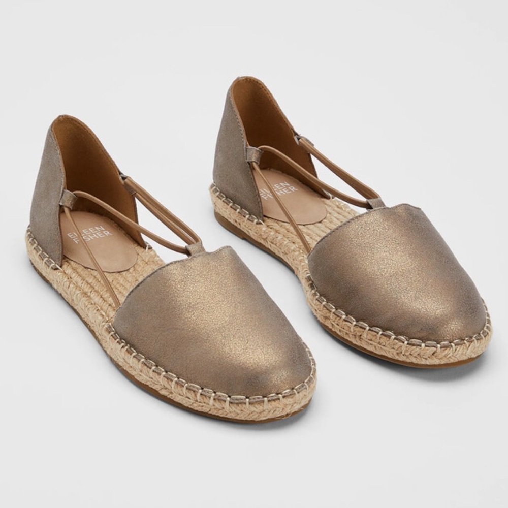 Eileen Fisher Lee Metallic Suede Espadrille Flat in Platinum Size 6